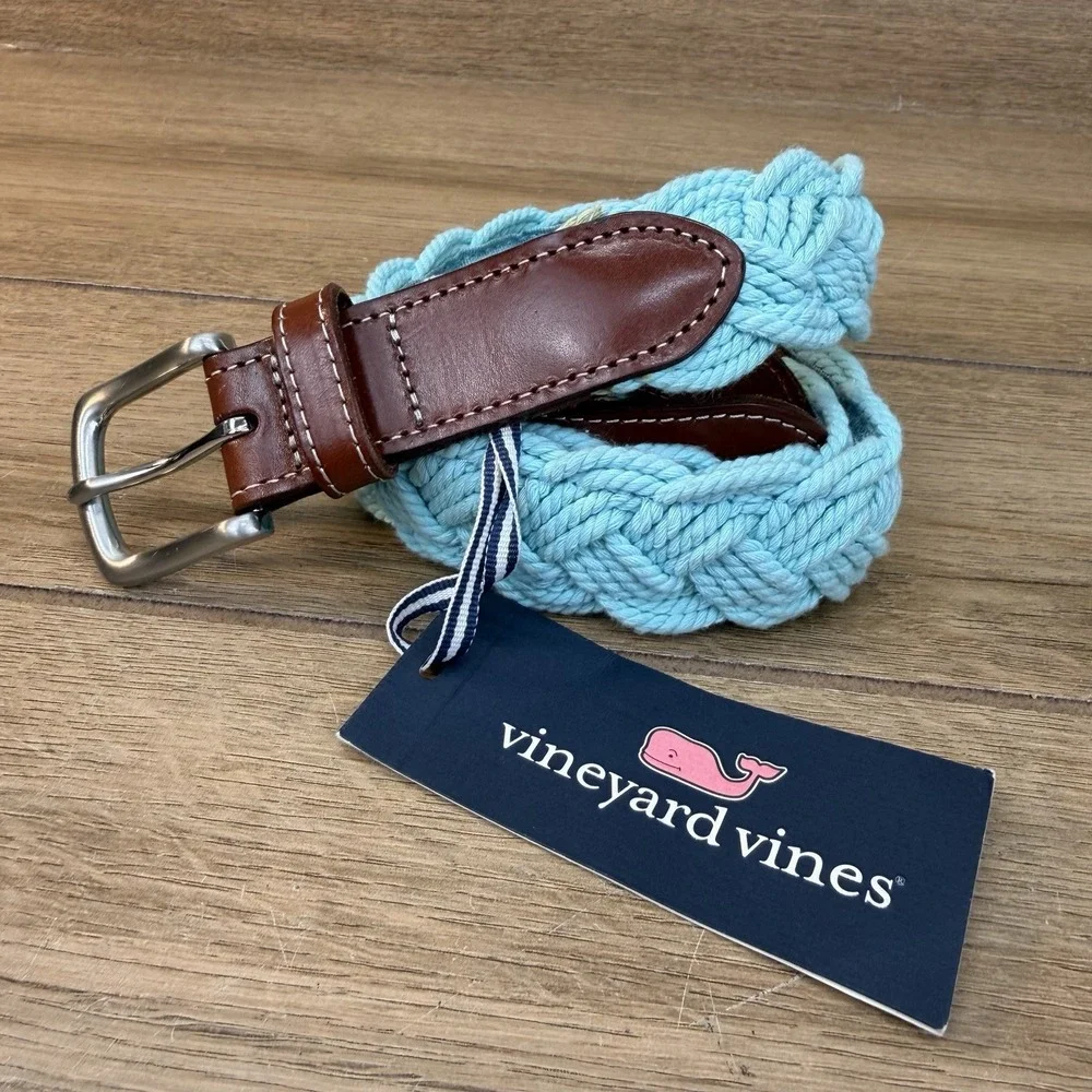 Vineyard Vines Distressed Braided Rope Belt Mens 34 Crystal Blue Brown Leather